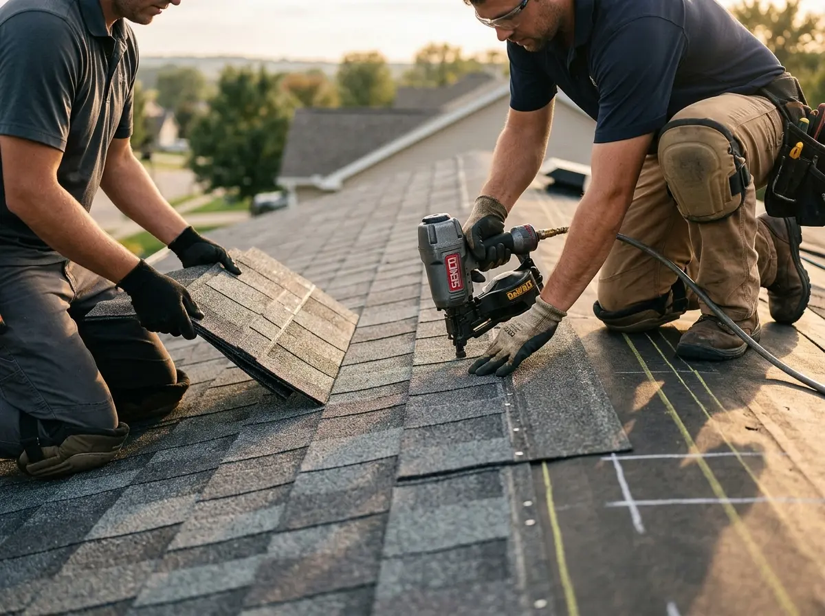 Professional roofer working on a residential roof in McPherson